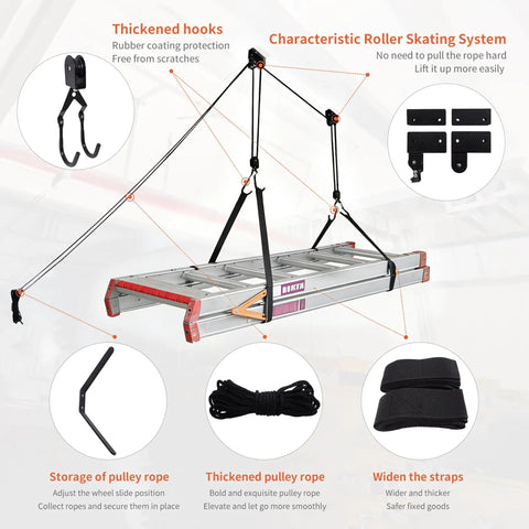 Dual Overhead Ladder Storage Hoist For Garage Or Shed Ceiling Pulley Lift System Holds 125 Lb And Fits Folding Telescoping Extension And Step Ladders Easy Install And Smooth Retrieval with ladder and components shown.