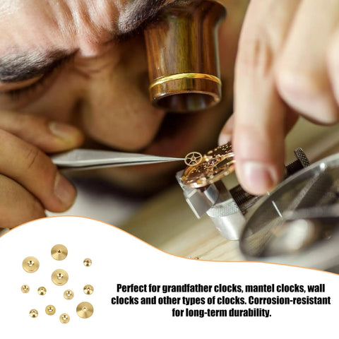 Watchmaker using tweezers to place a gear, showcasing a 12 Piece Brass Clock Hand Nut Set With Three Sizes 5mm 6mm And 10mm For Grandfather Clocks