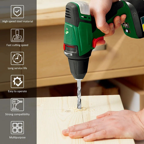 Green drill with 8 Piece 3/8 Inch Pocket Hole Drill Bit Set With Depth Stop Collar And Wrench in use on wood surface