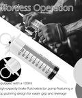 Close-up of a 100ml syringe from the Two Pack Brake Bleeder Kit With One Hundred Ml Syringe And Precision Anti Backflow Valve.