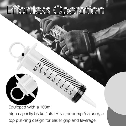 Close-up of a 100ml syringe from the Two Pack Brake Bleeder Kit With One Hundred Ml Syringe And Precision Anti Backflow Valve.