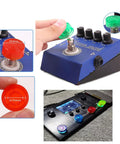 Guitar Pedal Footswitch Toppers 20 Pack Protective Caps for Effects Pedals shown on blue pedal with enlarged touch surface, black.