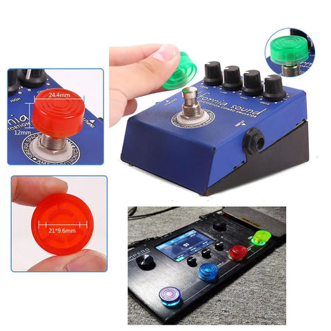 Guitar Pedal Footswitch Toppers 20 Pack Protective Caps for Effects Pedals shown on blue pedal with enlarged touch surface, black.