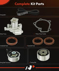 Beefed Up Timing Belt Kit With Water Pump And Tensioner For 2.0L Hyundai Elantra Tiburon Tucson And Kia Soul 2006 Through 2012 Includes All Gaskets Bearings And Hardware For Easy Install showcasing complete kit parts including timing belt, water pump, and seals.