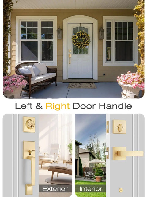 Front exterior door with Rock Solid Heavy Duty Square Entry Door Handle And Single Cylinder Deadbolt Lock Set in satin brass finish
