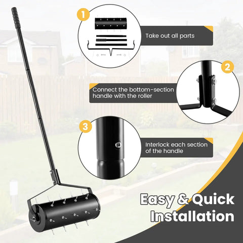Instructional diagram for Beefy Rolling Lawn Aerator With Fillable Drum And 18 Inch Tine Spikes assembly steps.