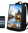 Snag This Badass 21.5 Inch LCD Video Advertising Backpack For Top Tier Digital Signage And Hands On Retail Promos That Will Get Your Brand Major Buzz Across Any Street Fair Or Mall Arena with a black frame and smartphone remote.