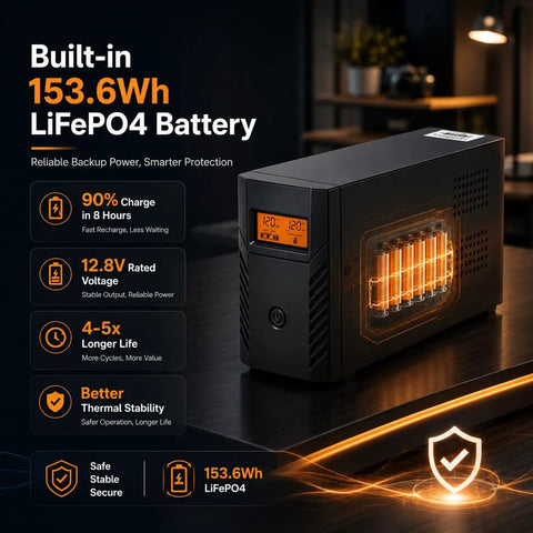 Rock Solid 1500VA 800W UPS Battery Backup And Surge Protector With Six AC Outlets And LCD Display Hella Reliable Lithium Uninterruptible Power Supply For PCs NAS And Home Office Setup Smooth Operator showcasing built-in 153.6Wh LiFePO4 battery.