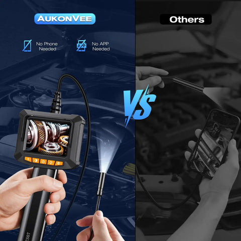 Handheld Endoscope Camera With Light 2.8 Inch IPS Screen showing gears and comparing with phone screen view