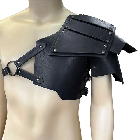 Viking Faux Leather Pauldron Shoulder Armor For LARP And Cosplay Badass Medieval Knight Look in black PU leather on mannequin