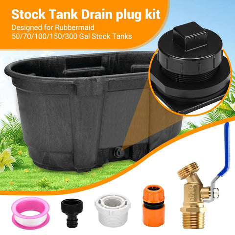 Stock Tank Plug Kit For Rubbermaid 50, 70, 100, 150 And 300 Gallon Tanks With 2 Inch Holes Replacement Drain Plug