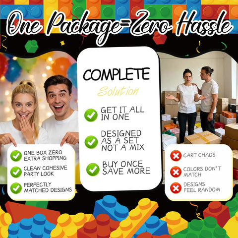 Nail The Party Vibe With This 310 Piece Building Block Birthday Decorations Kit Serving Twenty Five Guests Including Balloons Backdrop Centerpieces And Cake Toppers showcasing engaged couple surrounded by colorful decorations.