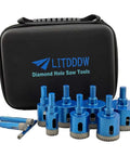 Front view of LITDDDW diamond hole saw kit with 10 blue saws (1/4"–2") and a black carrying case