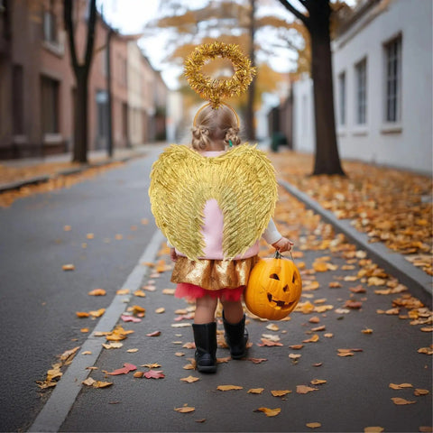 Child wearing Totally Radiant Gold Feather Wings With Headband Set For Girls, Angel Wing Costume Accessories for a Halloween stroll.