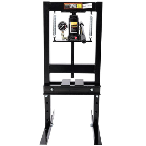 Front view of 6 Ton Bottle Jack Shop Press With Gauge For Bending Straightening And Pressing Parts Like Bearings U Joints Bushings Ball Joints