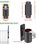 Diagram of Go-To Heavy Duty Deck Rail Umbrella Holder for 1 to 2 Inch Poles with measurements and rail attachment view.