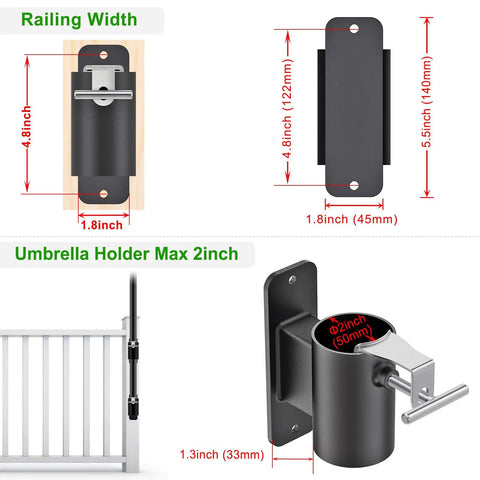 Diagram of Go-To Heavy Duty Deck Rail Umbrella Holder for 1 to 2 Inch Poles with measurements and rail attachment view.