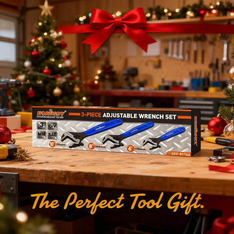 Box of Go-To Three Piece Adjustable Wrench Set With 6, 8, 10 Inch Wide Jaw Wrenches in holiday-themed garage setting