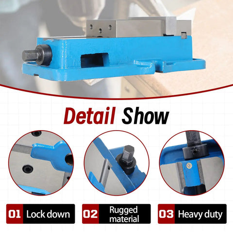 Detail view of Beefy 3 Inch Precision Milling Vise Without Base For Milling Shaping And Drilling Machines, showing rugged material and lock down.