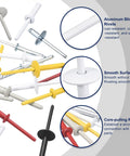 Various Aluminum Blind Rivets in different colors, showcasing durability for heavy duty auto body panels and furniture assembly.
