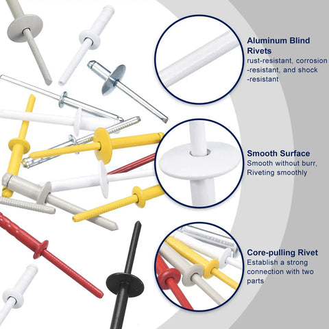 Various Aluminum Blind Rivets in different colors, showcasing durability for heavy duty auto body panels and furniture assembly.