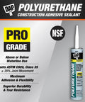 Heavy Duty Polyurethane Construction Adhesive Sealant White Non Sag Formula with Pro Grade label and usage instructions.