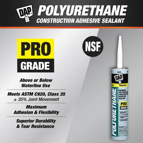 Heavy Duty Polyurethane Construction Adhesive Sealant White Non Sag Formula with Pro Grade label and usage instructions.