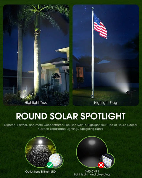 Solar Spot Lights Outdoor Waterproof IP65 Cool White 600LM Hella Bright 18 LEDs illuminating tree and flag