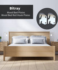 Rock Solid Wood Bed Plates And Rail Hook Plates For Quick Bed Frame Repair With Tough As Nails Iron Construction And Smooth Nickel Finish Includes Complete Four Piece Hardware Kit displayed on a bed.