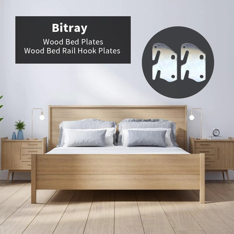 Rock Solid Wood Bed Plates And Rail Hook Plates For Quick Bed Frame Repair With Tough As Nails Iron Construction And Smooth Nickel Finish Includes Complete Four Piece Hardware Kit displayed on a bed.