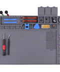 Tough As Nails Heat Resistant Soldering Mat With Integrated Scale And Heavy Duty Magnetized Tray For Phone And Laptop Fixes, tools organized.