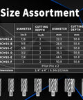 Size chart and annular cutter bits from annular cutter set for magnetic drill press with HSS M2AL steel bits, sizes 7/8 to 2 inches.