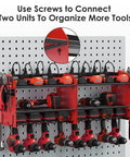 Heavy Duty Wall Mount Power Tool Organizer with Charging Station, drill storage shelf, hooks, battery holder, red, on pegboard