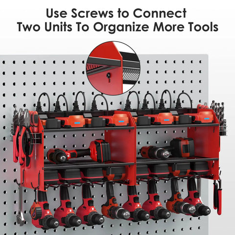 Heavy Duty Wall Mount Power Tool Organizer with Charging Station, drill storage shelf, hooks, battery holder, red, on pegboard