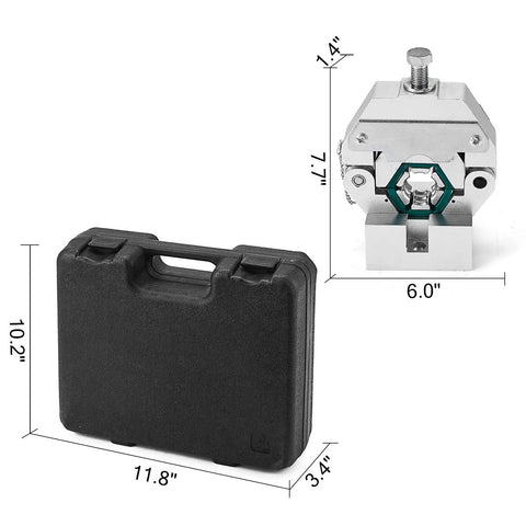 Hydra-Krimp Manual AC Hose Crimper Kit with dimensions and compact carry case, ideal for air conditioning repairs.