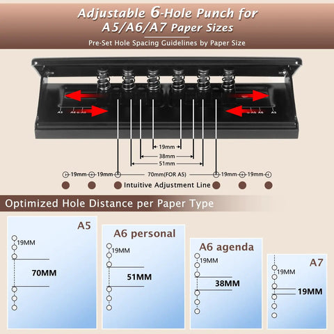 Rugged 6 Hole Paper Puncher With Adjustable Ring Spacing For A5, A6, A7 Formats, Four Position Settings 19mm 38mm 51mm 70mm