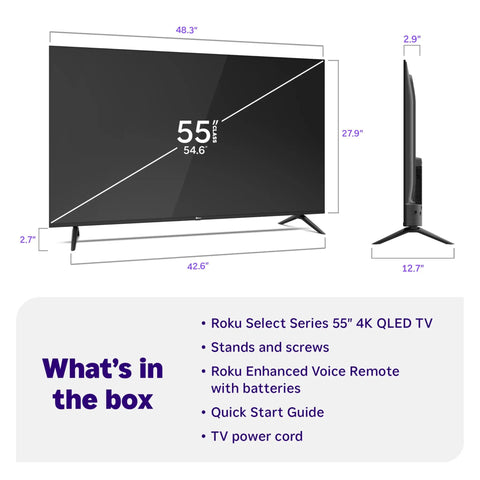 Front and side view of 55 Inch QLED Smart TV With Sharp 4K Resolution And Rich HDR10 Colors Plus Slick Built In Apps.