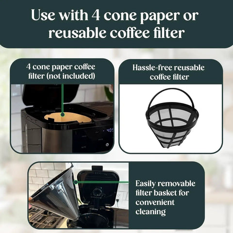 Dual Brew Coffee Maker With 12 Cup Glass Carafe And Single Serve Pods Programmable Touchscreen For Ground Coffee Or K Cup Auto Shut Off Black showing paper and reusable coffee filter options