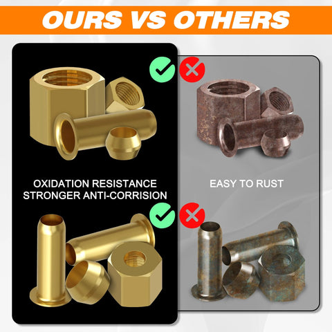 Brass compression fittings assortment (4 sizes) with nuts, sleeves, ferrules; left: shiny brass; right: rusted version