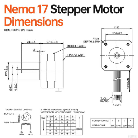 Technical drawing of 3 Pack Nema 17 Stepper Motors High Torque Bipolar 2 Phase 1.8 Degree with dimensions and wiring diagram