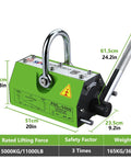 Badass Heavy Duty Neodymium Magnetic Lifter Rock Solid Steel Plate Hoist dimensions with green design, lift capacity 11000 pounds.
