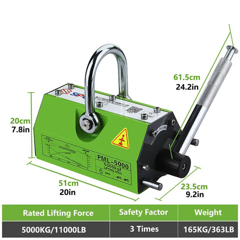 Badass Heavy Duty Neodymium Magnetic Lifter Rock Solid Steel Plate Hoist dimensions with green design, lift capacity 11000 pounds.