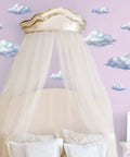 Sky Cloud Wall Decals Kit For Kids Rooms And Nurseries on purple wall behind canopy bed