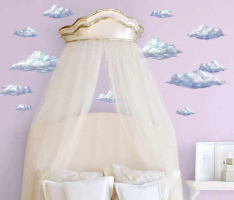 Sky Cloud Wall Decals Kit For Kids Rooms And Nurseries on purple wall behind canopy bed