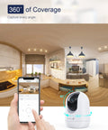 360° view of a kitchen with a phone app and indoor security camera; 2K Indoor Security Camera With 2.4 And 5GHz WiFi Night Vision And 24 Seven Recording, 2 Way Audio, Motion Tracking, Cloud Storage, And Easy Phone App Access For Pets And Babies, Effortless Remote Monitoring Of Your Home