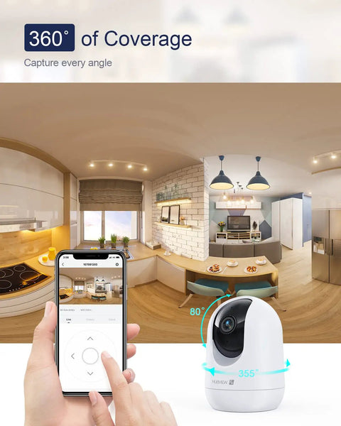 360° view of a kitchen with a phone app and indoor security camera; 2K Indoor Security Camera With 2.4 And 5GHz WiFi Night Vision And 24 Seven Recording, 2 Way Audio, Motion Tracking, Cloud Storage, And Easy Phone App Access For Pets And Babies, Effortless Remote Monitoring Of Your Home