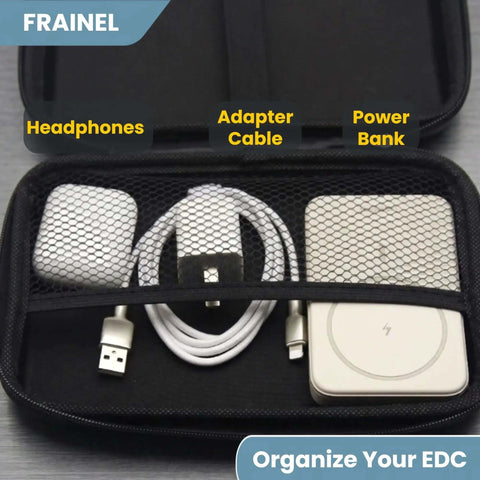 Kickass Carbon Fiber Texture Shockproof Sleeve For 3.5 Inch Hard Drives And M.2 SSDs Ultra Lightweight Tactical Organizer Case For Heavy Duty Data Storage And Daily Carry with headphones, adapter cable, and power bank.