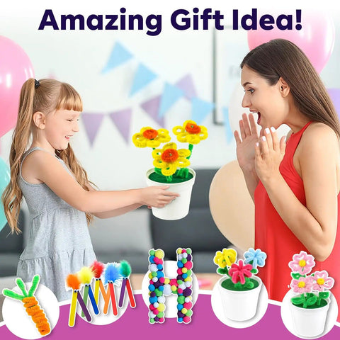 Child gifting All-In-One Kids Arts And Crafts Kit With Glitter Glue Sticks, Pipe Cleaners, Pom Poms And Craft Tools For DIY Projects
