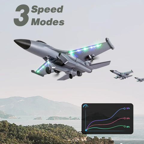 Grey No Sweat Easy To Fly 2.4GHz RC Plane With 4 Channel Control And 6 Axis Gyro Stabilization flying over landscape