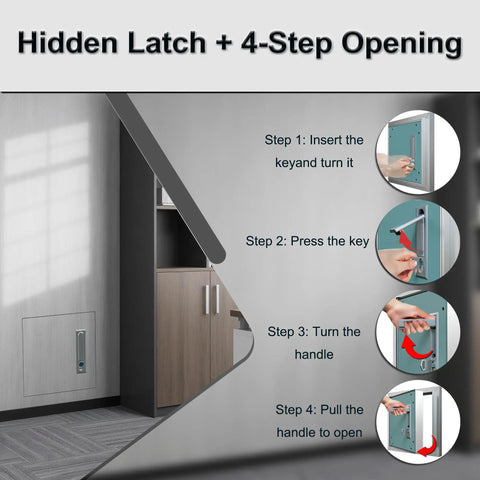 Pro Grade 24X36 Metal Wall Access Panel For Drywall Paintable Aluminum Hatch showing hidden latch and four-step opening instructions.